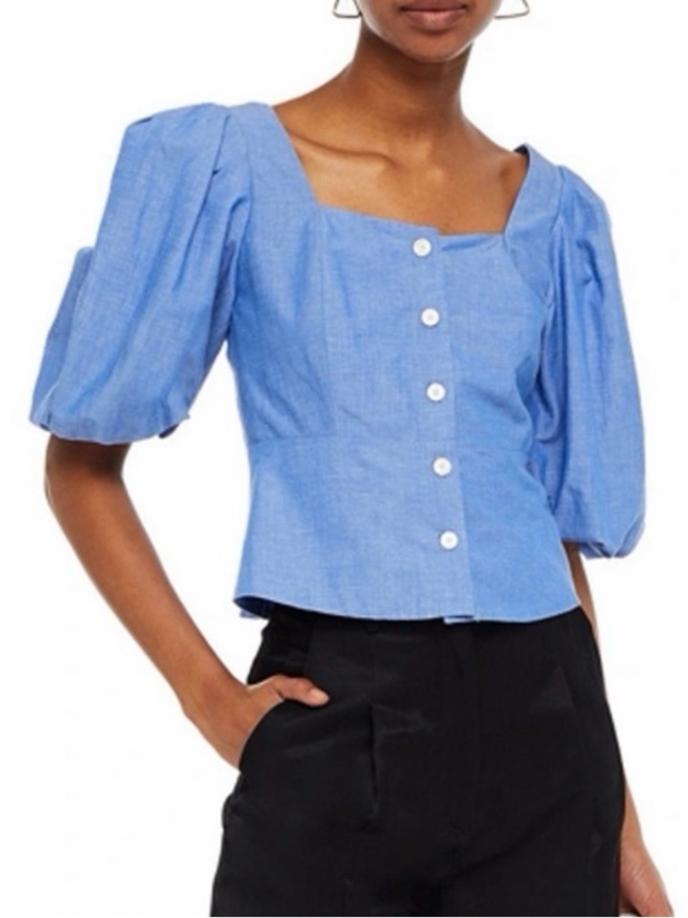Sandro Paris Blue Puff-Sleeve Button-Front Women's Top size Large